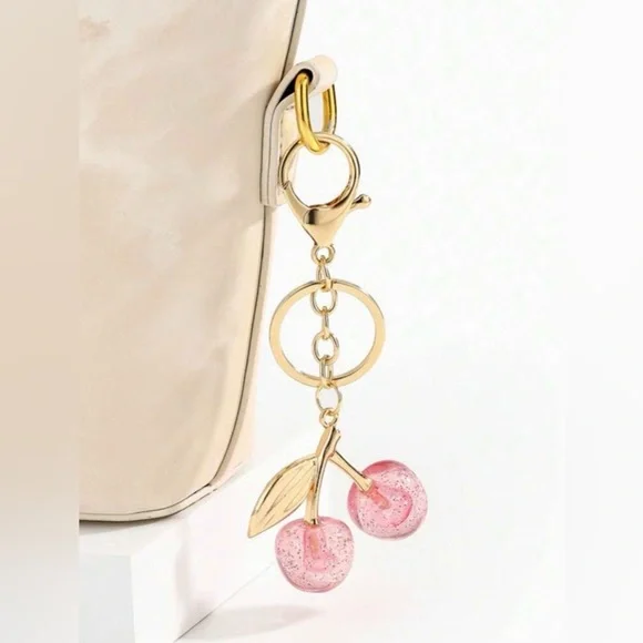 Gold and Baby Pink Cherry Keychain - Picture 2 of 4